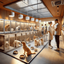 Image of a modern pet shelter with happy and cared dogs waiting for new pet parents and new homes