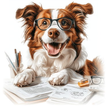 Dog studying with glasses