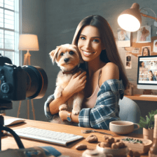 Picture of a lady holding a dog in front of a professional camera creating a dog related content