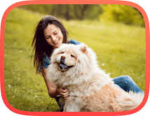 Professional photo of a lady with a large fluffy dog within a green lawn scenery after playing dog games