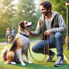 Man with a dog in a park made a pause to rest during the leash walk