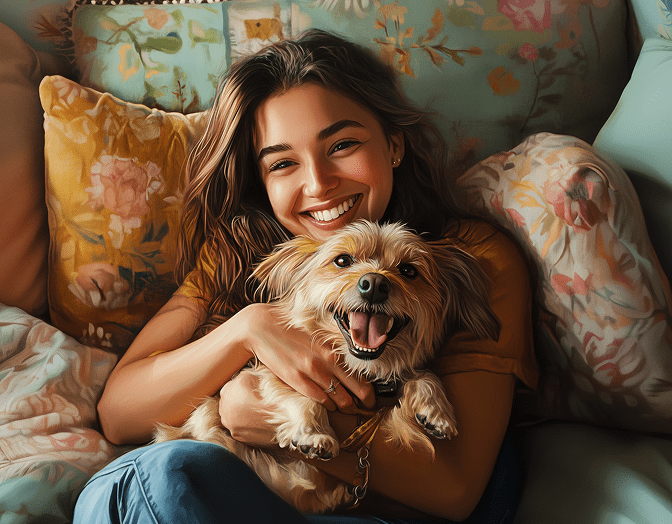 Happy pet parent hugging her dog on the couch