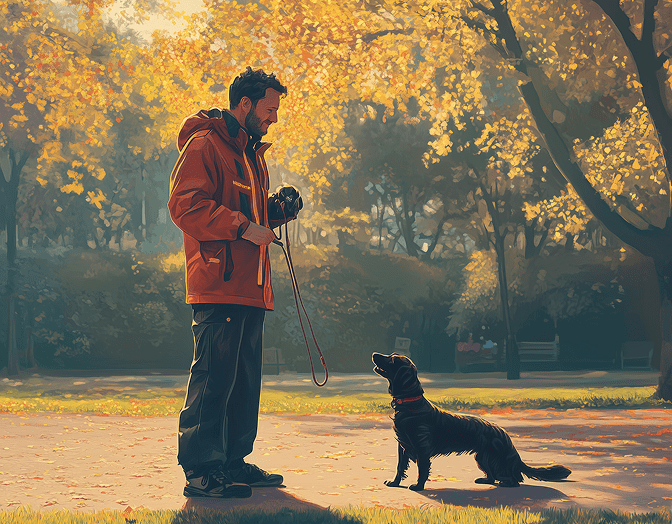 Dog trainer working with a dog outdoors in a park