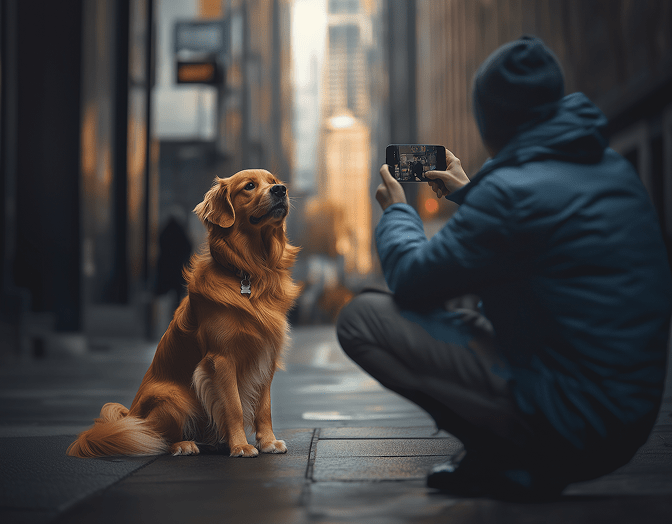 Creator filming a dog sitting in a city street