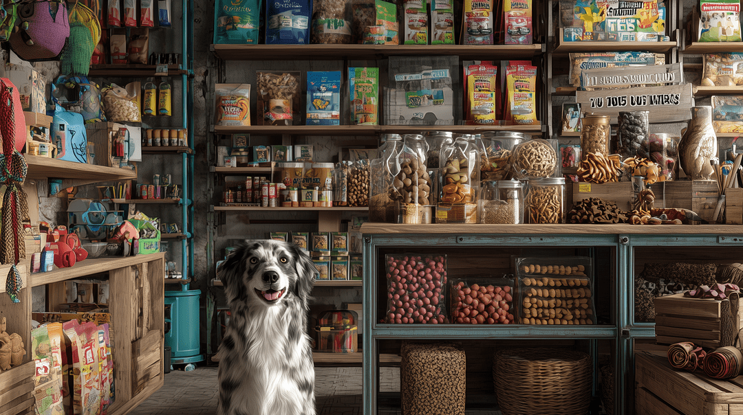 Pet store shelves with dog supplies and treats