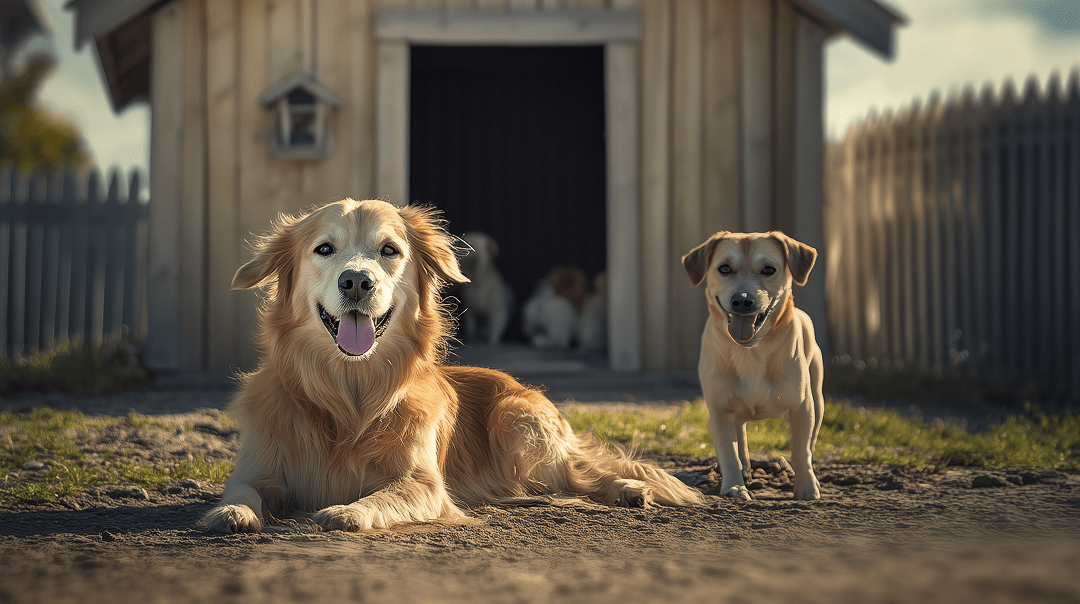 Two dogs outside a shelter building
