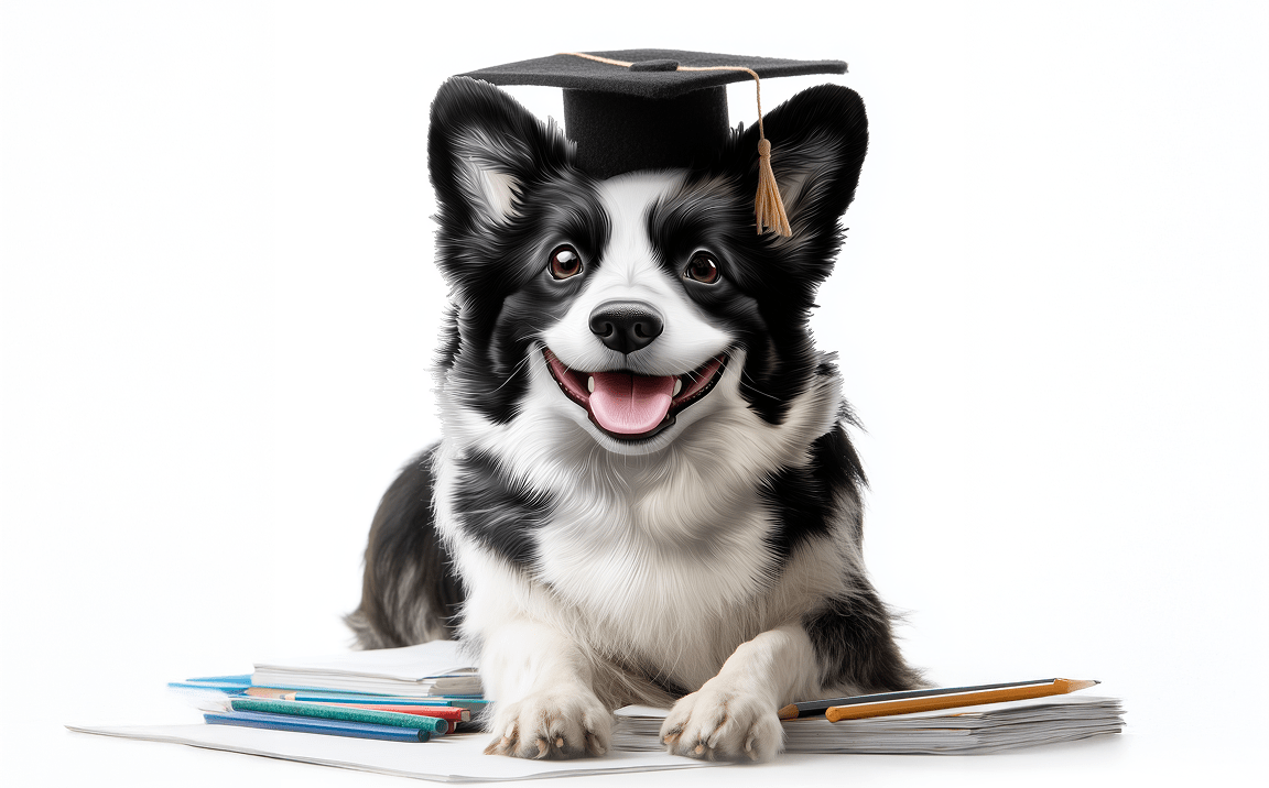 Happy Border Collie wearing graduation cap, symbolizing science-based dog training Happy Border Collie wearing graduation cap, symbolizing science-based dog training