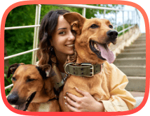 Smiling woman with two brown and socialised dogs sitting on a stairs during off leash walk in the park